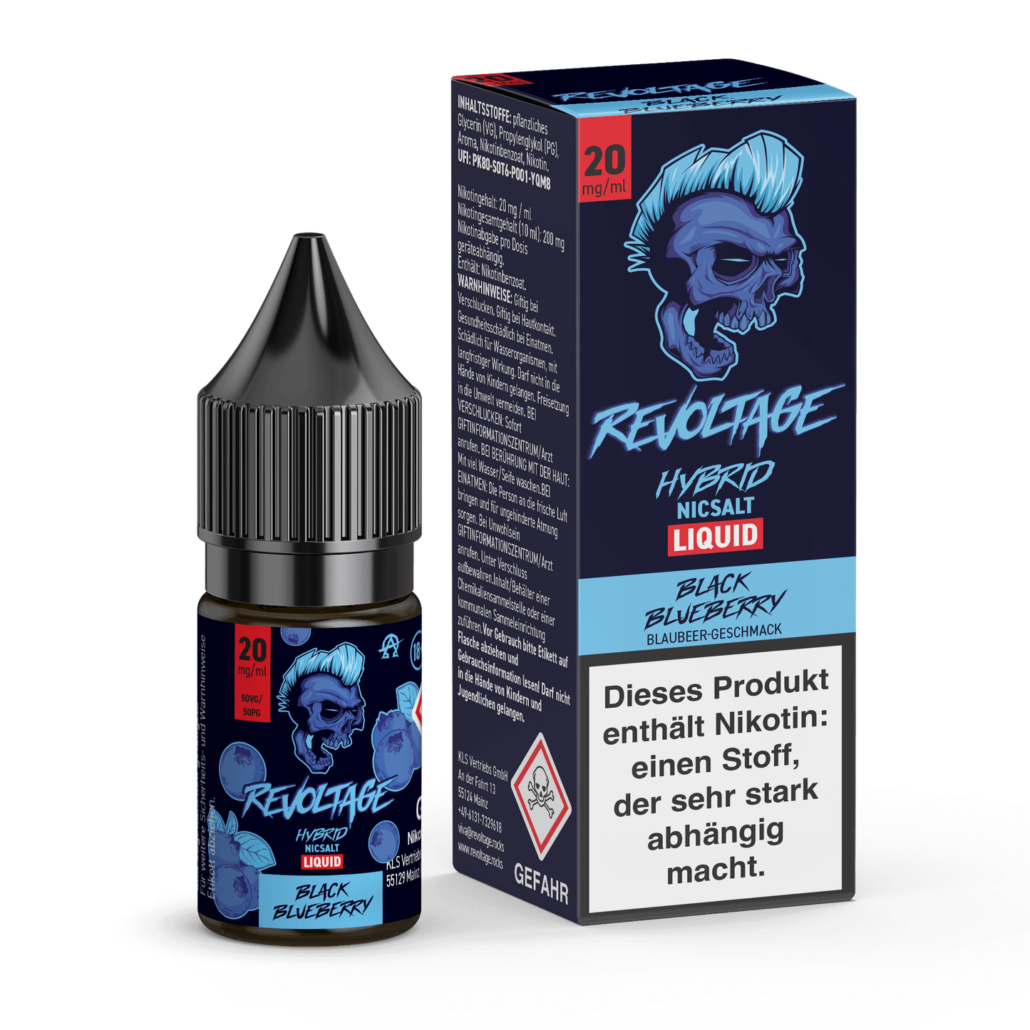 Revoltage Black Blueberry 20mg nicotine salt e-liquid bottle and box with blue skull design
