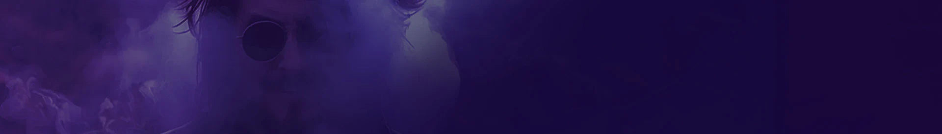 Person in dark sunglasses surrounded by purple smoke, revoltage.rocks banner image