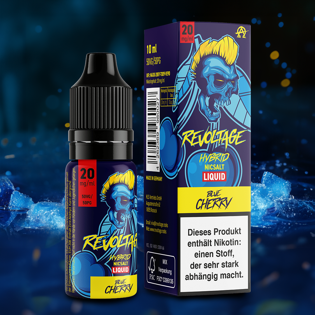 Revoltage Hybrid Nicsalt Liquid Blue Cherry 20mg e-liquid bottle and box with bold neon skull artwork, icy blue background.