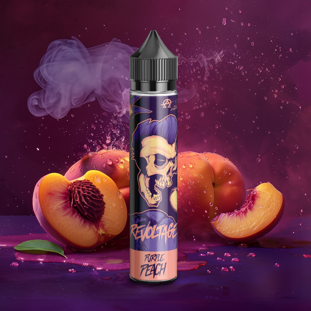 Revoltage Turtle Peach e-liquid bottle with skull design, surrounded by fresh peaches and vapor