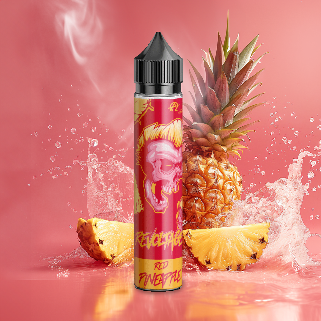 Revoltage Rocks Red Pineapple vape bottle with pineapple slices and splash on pink background