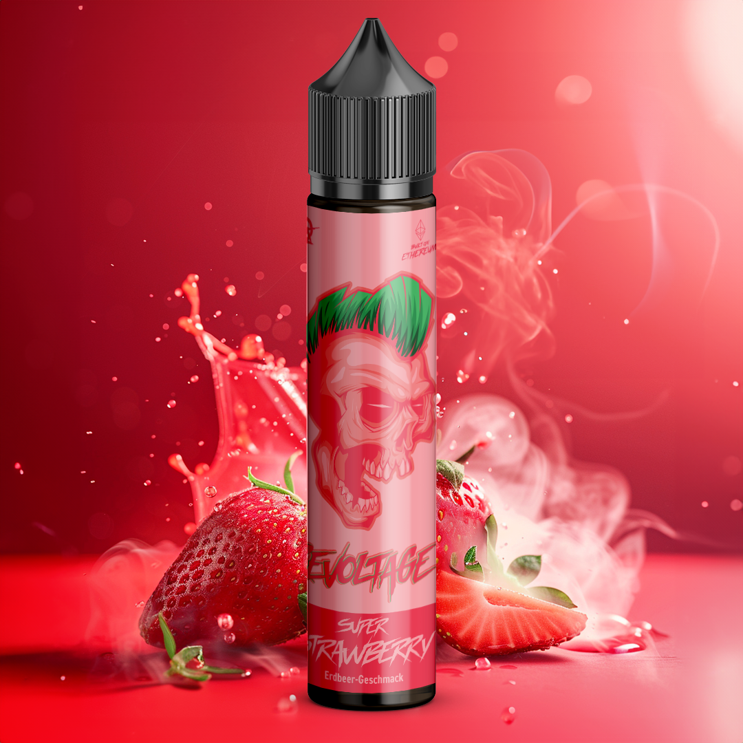 revoltage.rocks Super Strawberry e-liquid bottle with skull design, strawberries, and red smoke