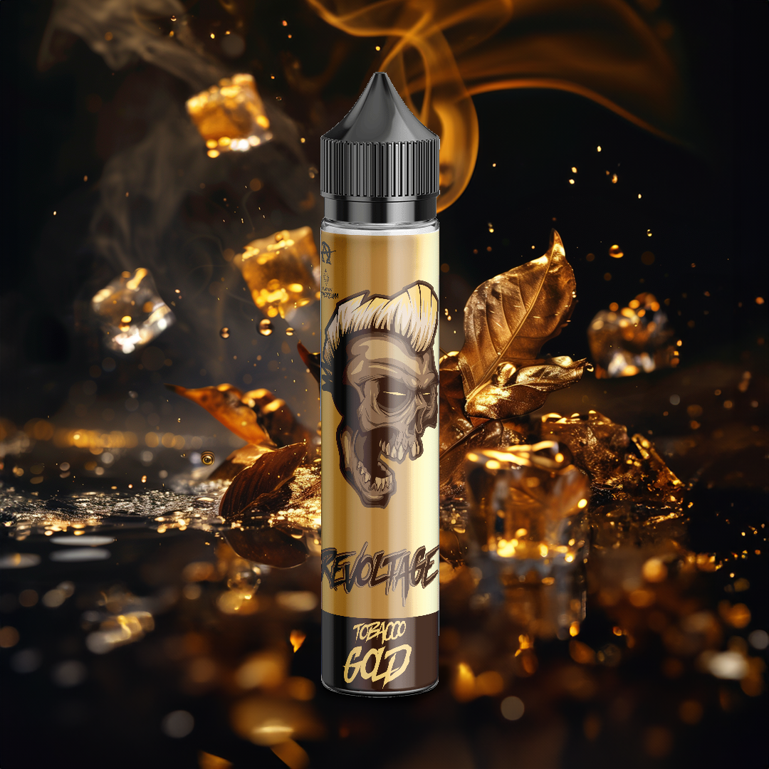 Revoltage Rocks Tobacco Gold vape juice bottle with skull design, gold leaves, and smoke