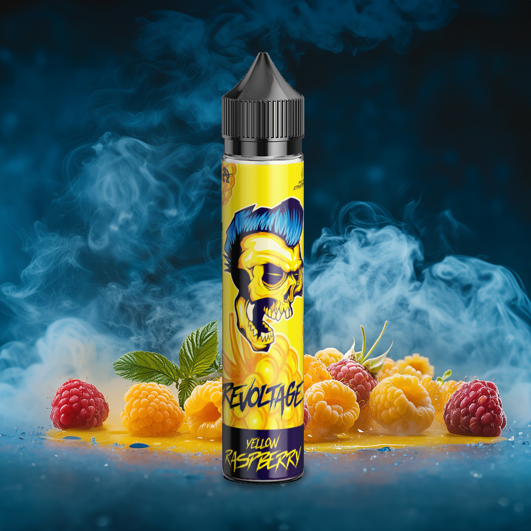 Revoltage Yellow Raspberry vape juice bottle with bold skull graphic, raspberries, and vapor