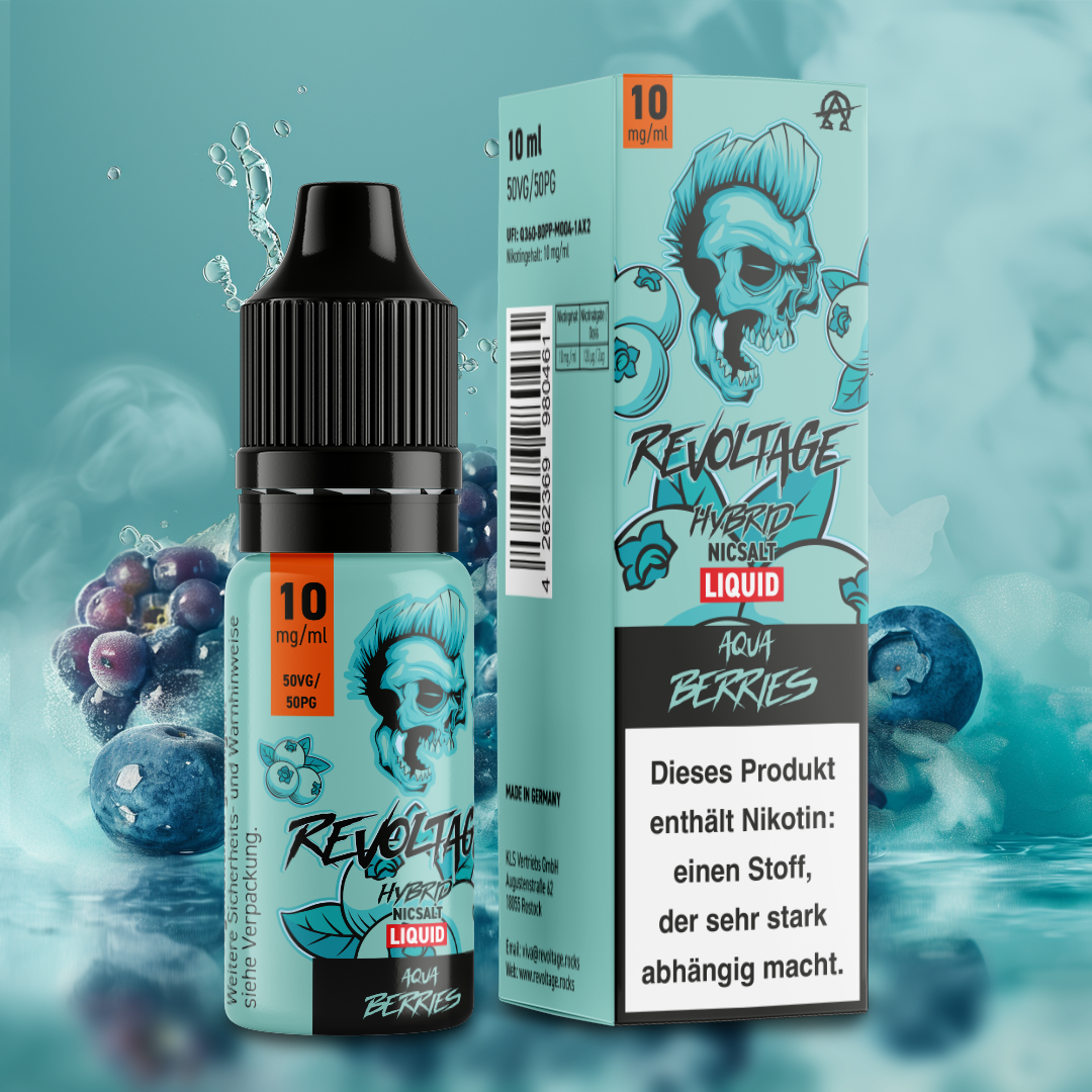 Revoltage Aqua Berries 10ml vape liquid bottle and box with blue skull artwork, berries background