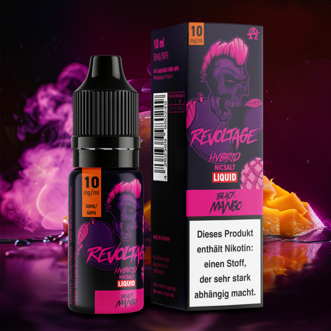 Revoltage Hybrid Nicsalt Liquid Black Mango 10mg bottle and packaging with mango pieces, homepage revoltage.rocks