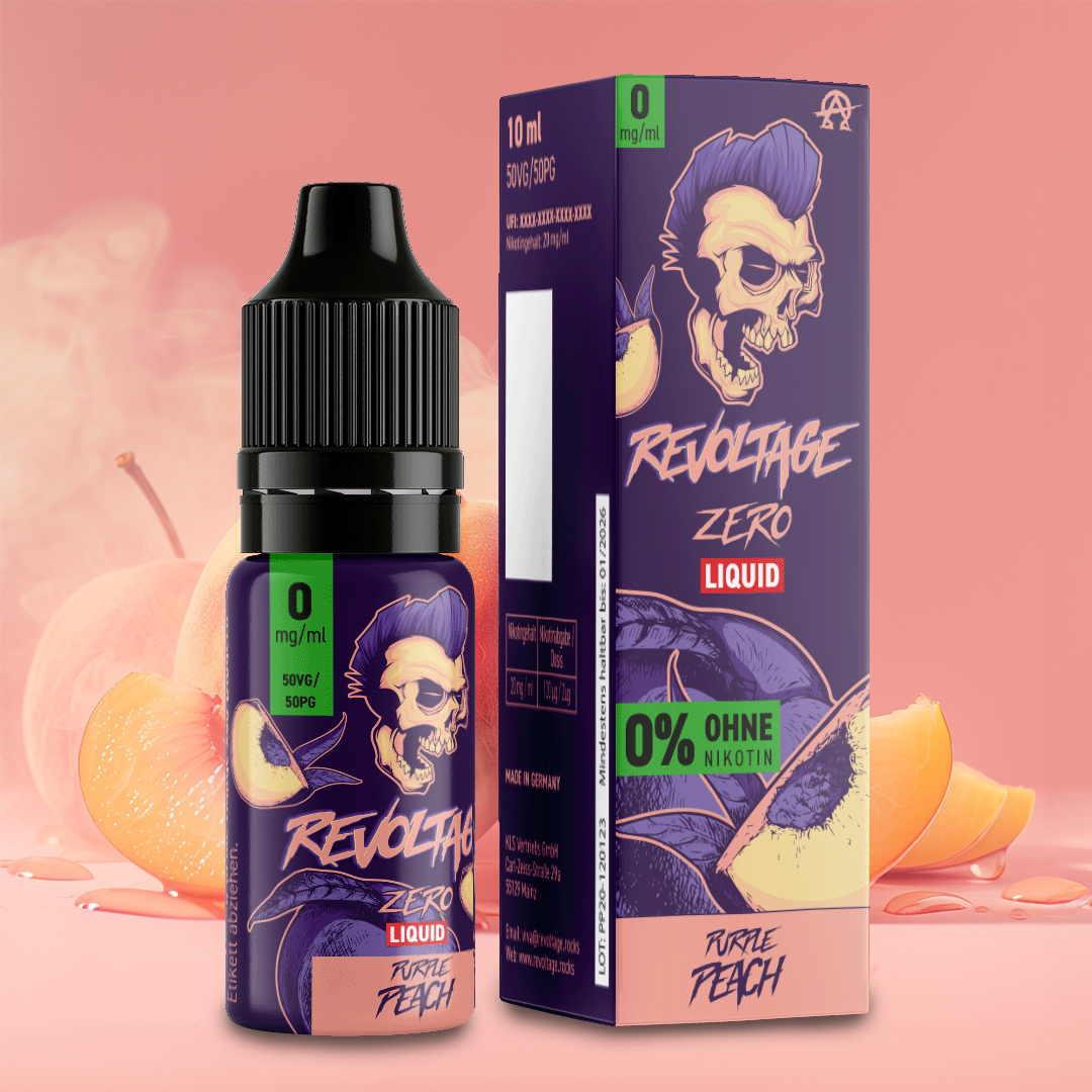 Revoltage Zero Liquid Purple Peach e-liquid bottle and box with skull logo, 0mg nicotine, peach background.