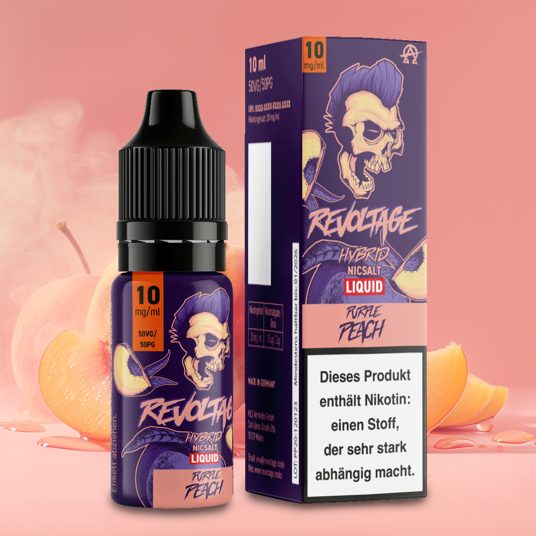 Revoltage Hybrid Nicsalt Liquid Purple Peach 10ml bottle and box with skull design, peach slices, and nicotine warning.