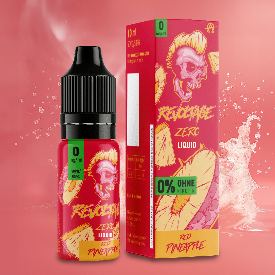Revoltage Zero Liquid Red Pineapple e-liquid bottle and box with pineapple graphics