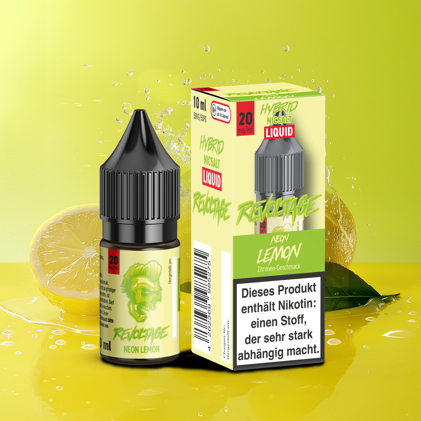 Revoltage Rocks Neon Lemon e-liquid bottle and box with lemon background, 20mg/ml nicotine
