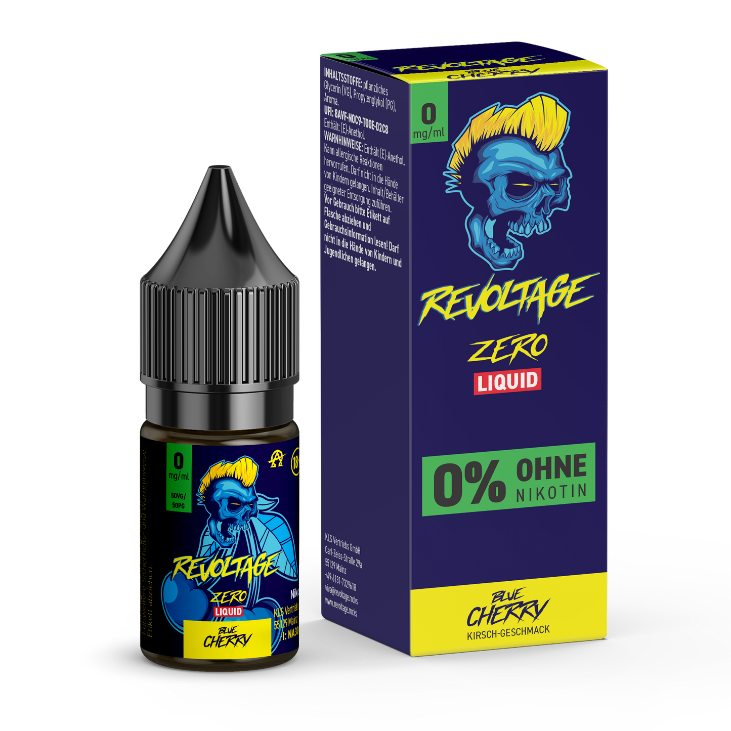 Revoltage Rocks Blue Cherry Zero Liquid 0mg nicotine vape e-liquid bottle and box with bold skull design