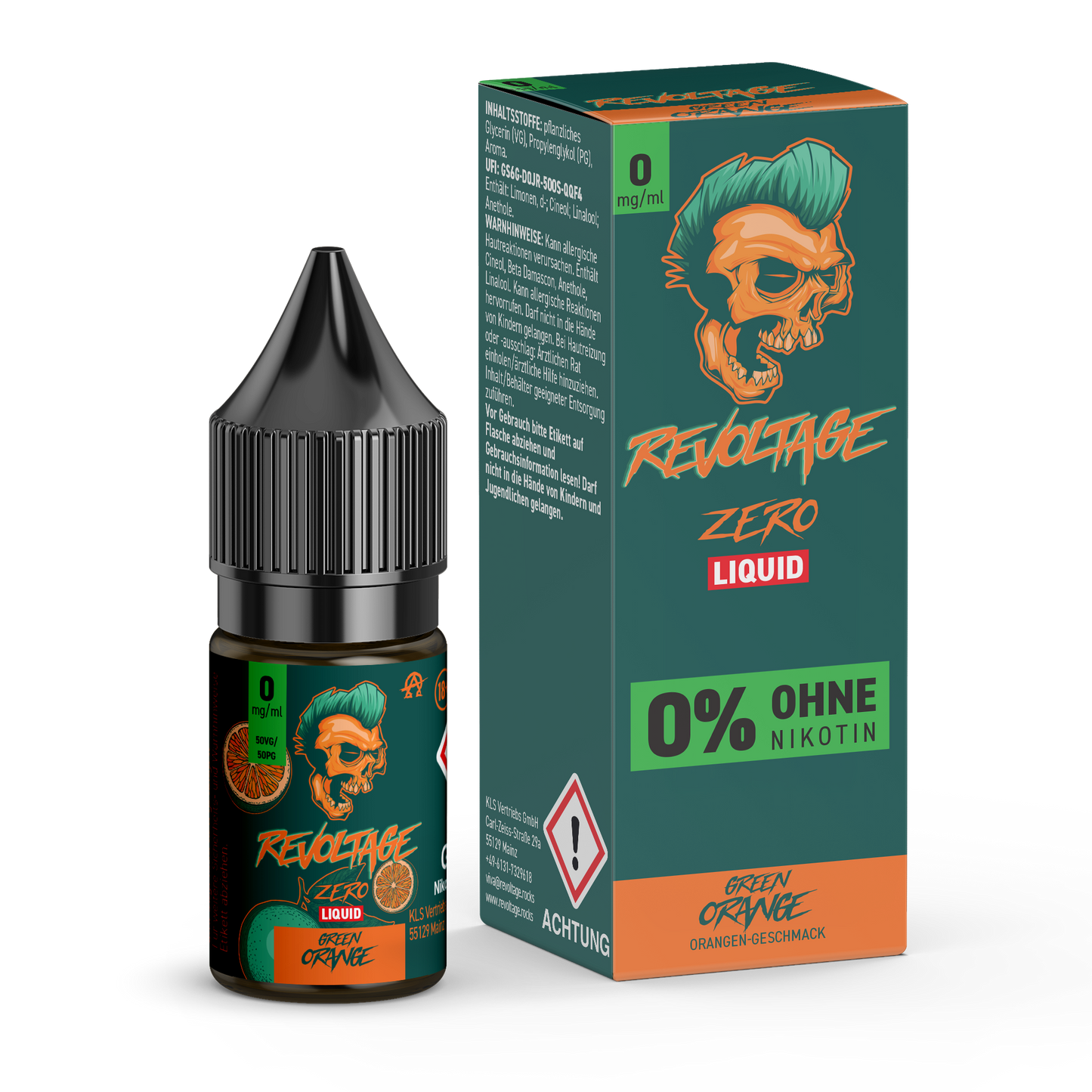 Revoltage Zero Green Orange Liquid 0mg nicotine bottle and box with skull logo and orange slice.