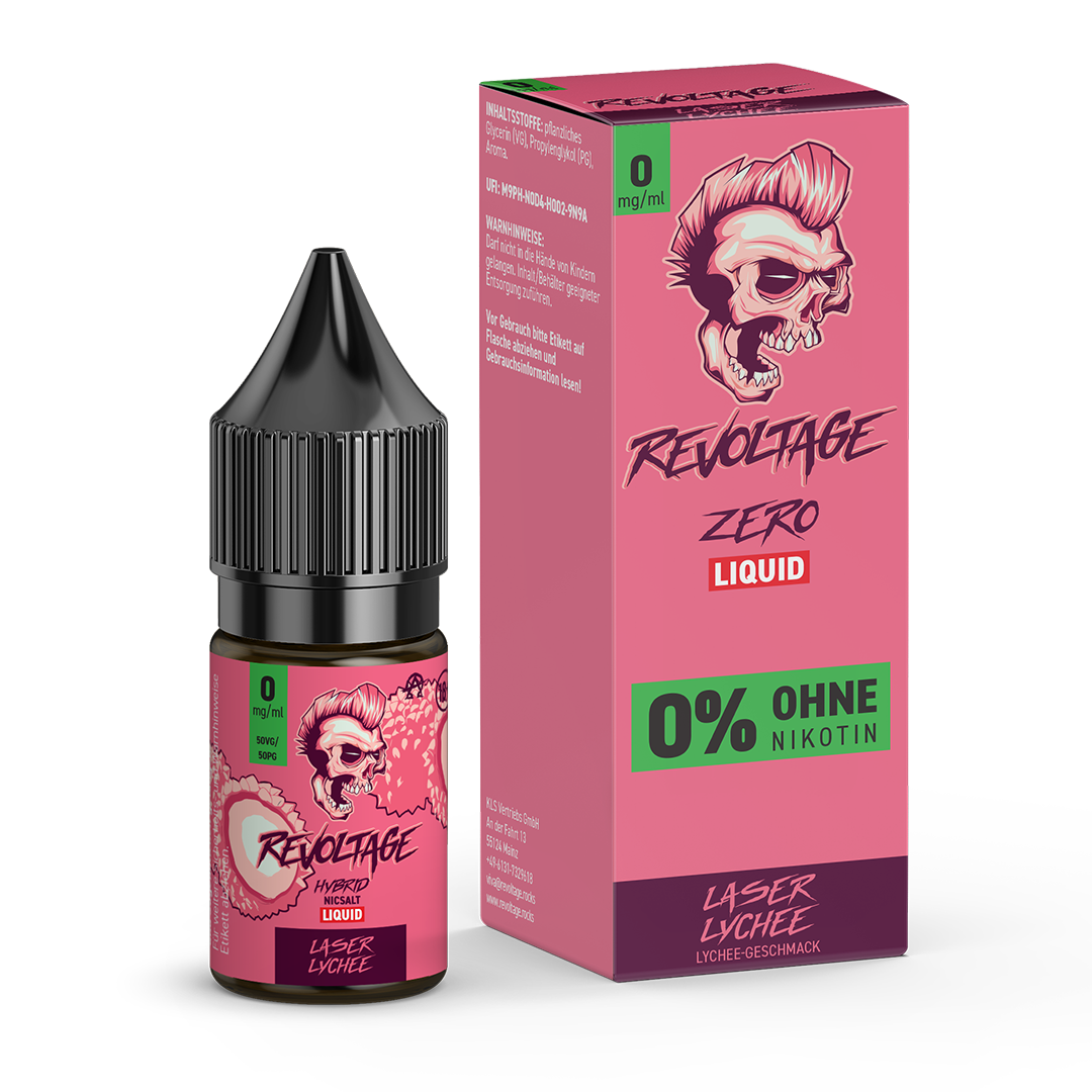 Revoltage Laser Lychee zero nicotine liquid bottle and box, punk skull design, lychee flavor.