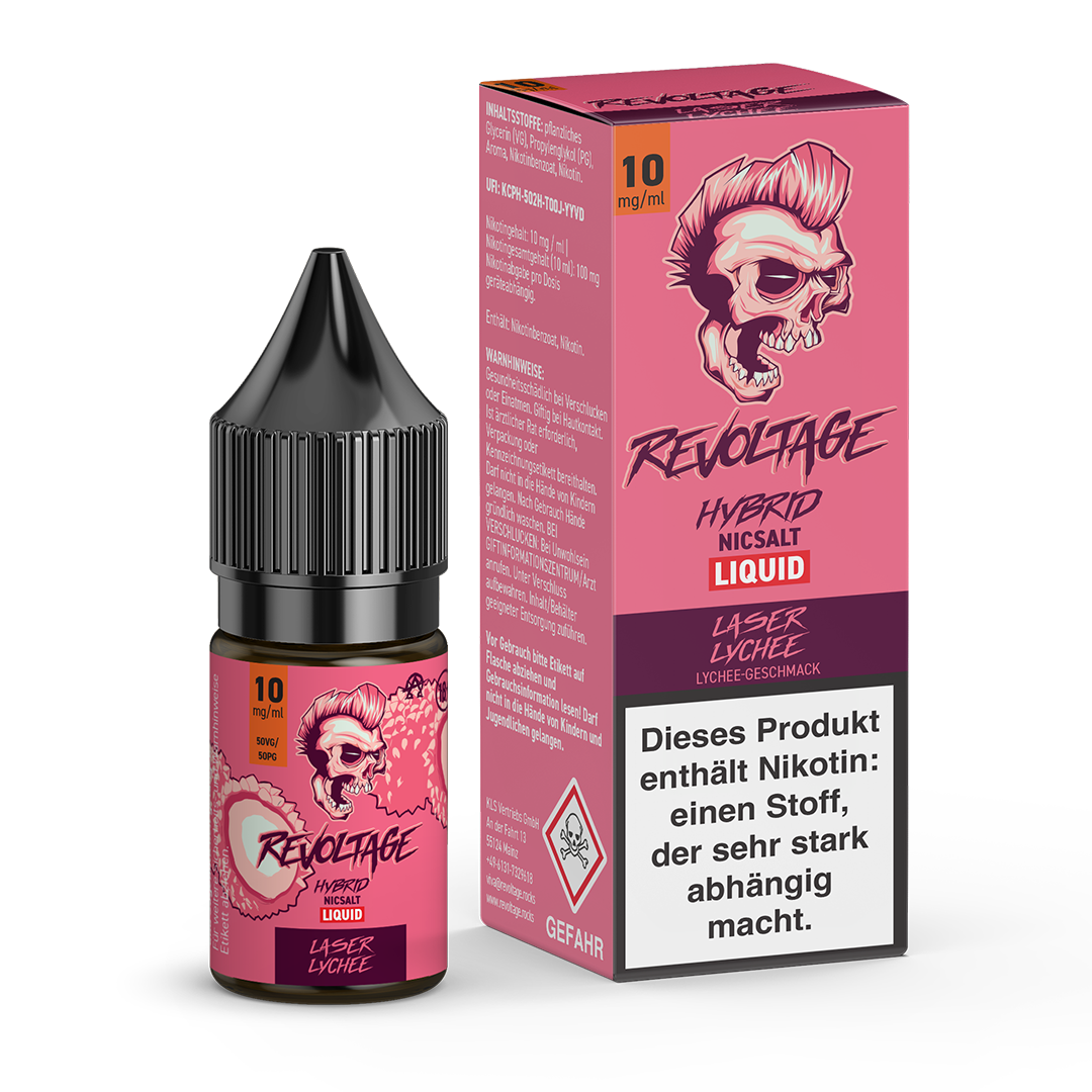 Revoltage Hybrid Nicsalt Liquid Laser Lychee e-liquid bottle and box with skull logo
