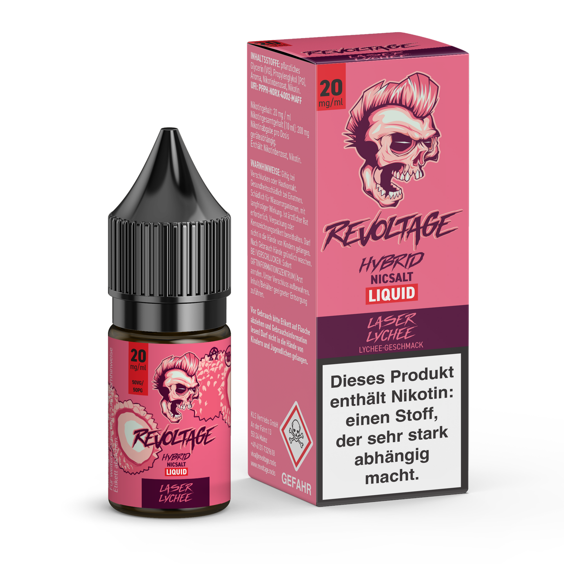 Revoltage Hybrid Nicsalt Liquid Laser Lychee e-liquid bottle and box with pink skull branding.