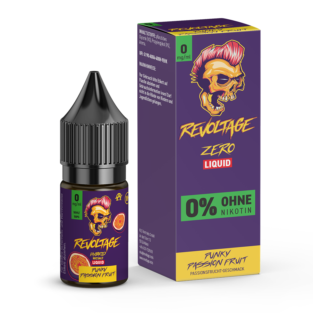 Revoltage Rocks Funky Passion Fruit e-liquid bottle and box, zero nicotine, bold skull label design