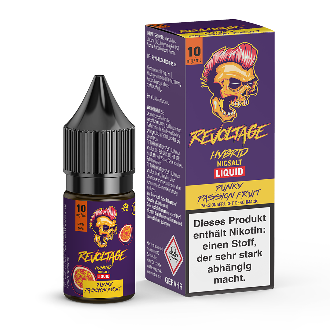 Revoltage Hybrid NicSalt Liquid Funky Passion Fruit 10mg bottle and box with skull logo and passion fruit graphic