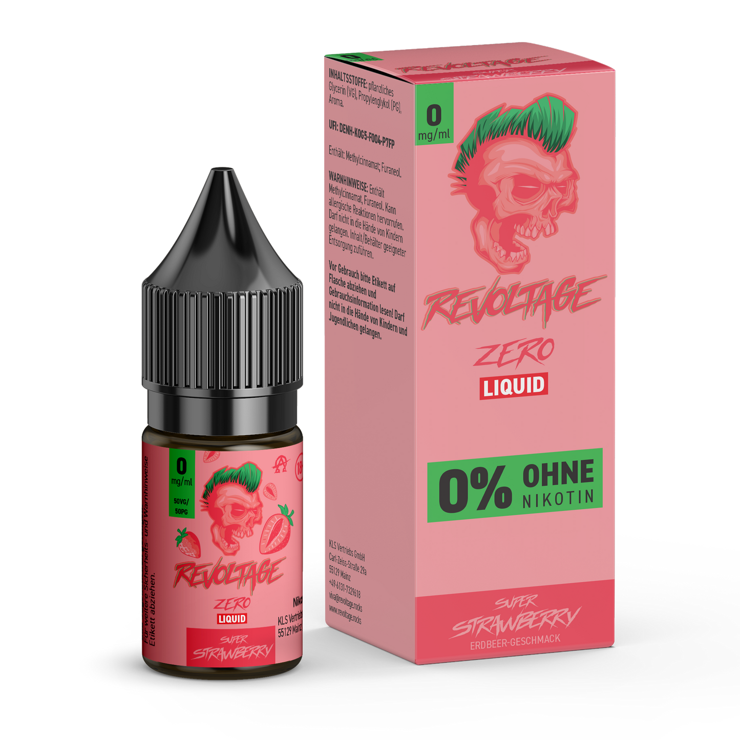 Revoltage Zero Super Strawberry e-liquid bottle and box, 0% nicotine, pink packaging, homepage revoltage.rocks