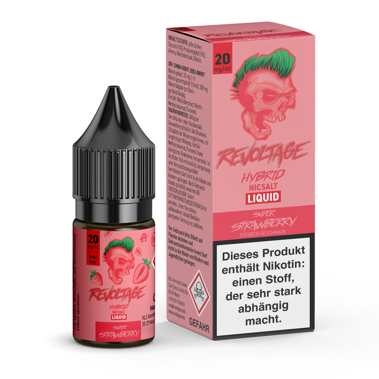 Revoltage Hybrid Nicsalt Liquid Super Strawberry vape juice bottle and box with pink skull design