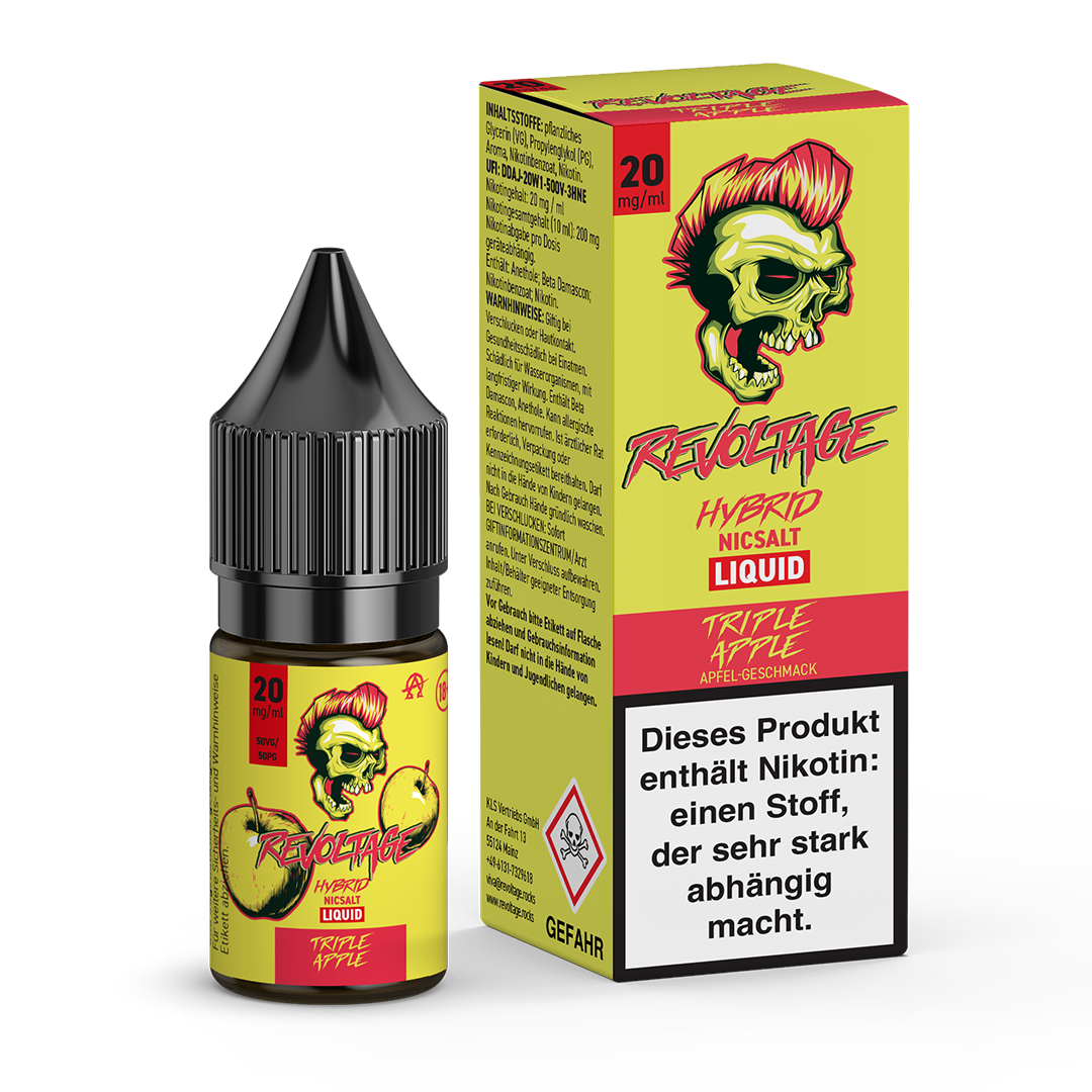Revoltage Hybrid Nicsalt Liquid Triple Apple e-liquid bottle and box with punk skull design