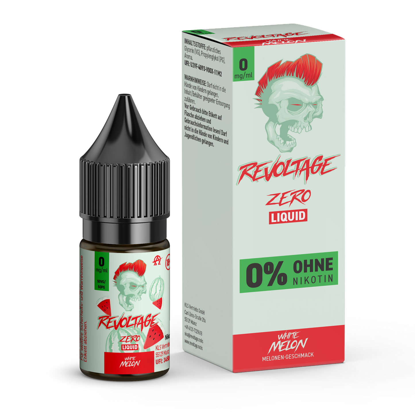 revoltage.rocks White Melon zero liquid vape bottle and box, 0% nicotine, punk skull design